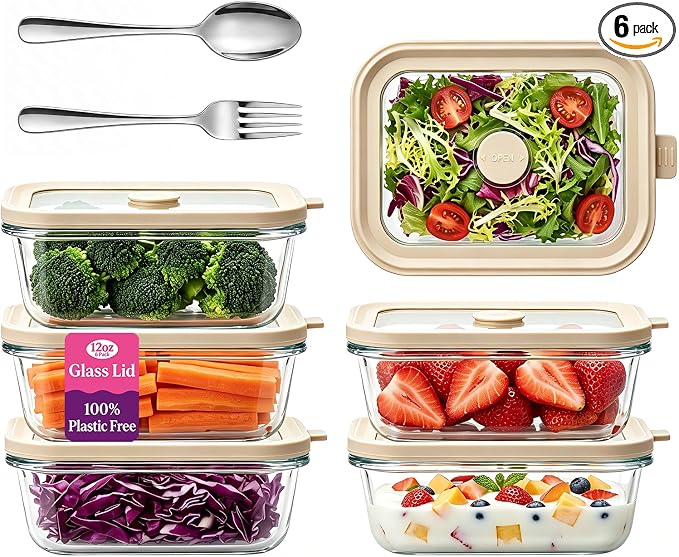 12 oz Small Glass Food Storage Containers with Glass Lids,1.5 Cup Glass Meal Prep Containers, Non Toxic Lunch Containers for Microwave, Oven, Freezer and Dishwasher Safe, 6 Pack