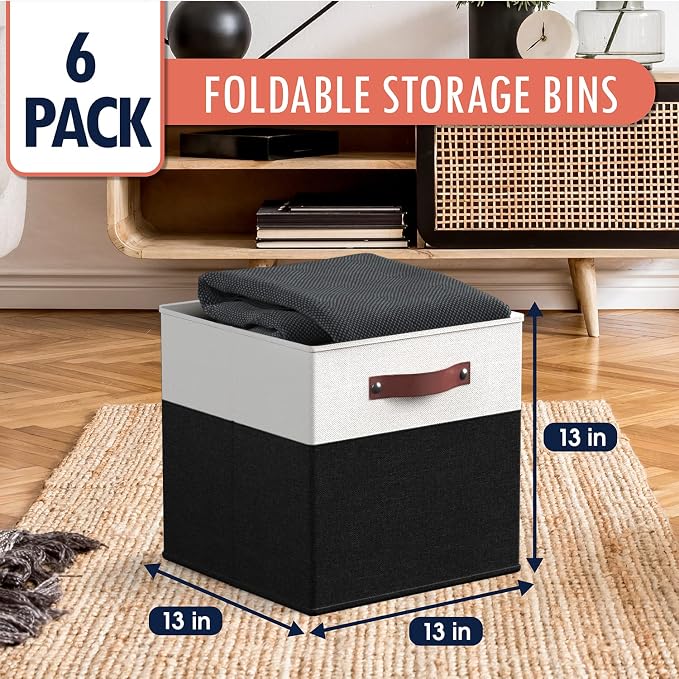 Ornavo Home 13x13 Foldable Fabric Storage Cube Bins, 6 Pack, White/Black | Collapsible Linen Shelf Basket Organizer; Leather Handles; Ideal Cube Storage For Closet