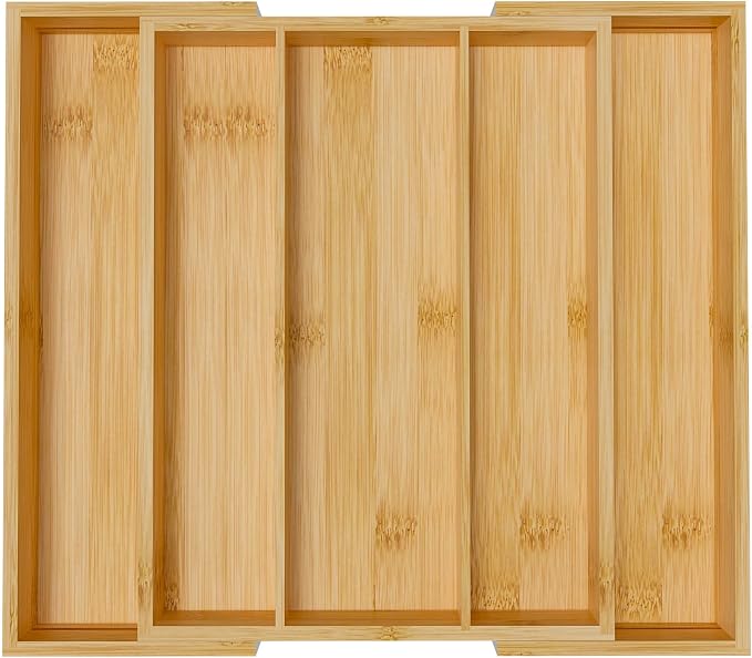 Bamboo Utensil Organizer Cutlery Organizer - Expandable 5 Slots Multipurpose Kitchen Drawer Organizer for Large Cooking Utensils, Baking Tools, Knife Set W13.7"-19.9" x L17.6" X H2.5"(Yellow)