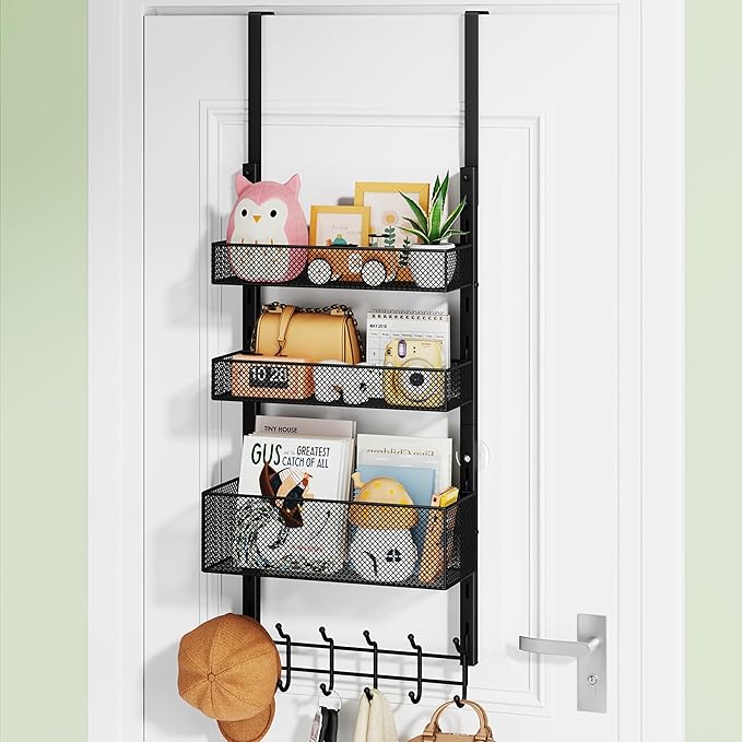 HapiRm Over The Door Hanger with Coat Hooks and 3 Baskets, Rustproof Over The Door Hooks, Storage Organizer for Hats, Towels - Black