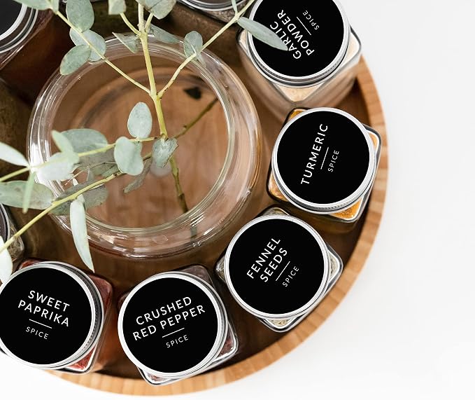 Spice Labels for Glass Jars, 202 Round Preprinted Waterproof Kitchen Spice Labels Stickers, Seasoning Organization Black Pantry Herbs Label for Top Lid, Chalkboard Labels for Spice Jars