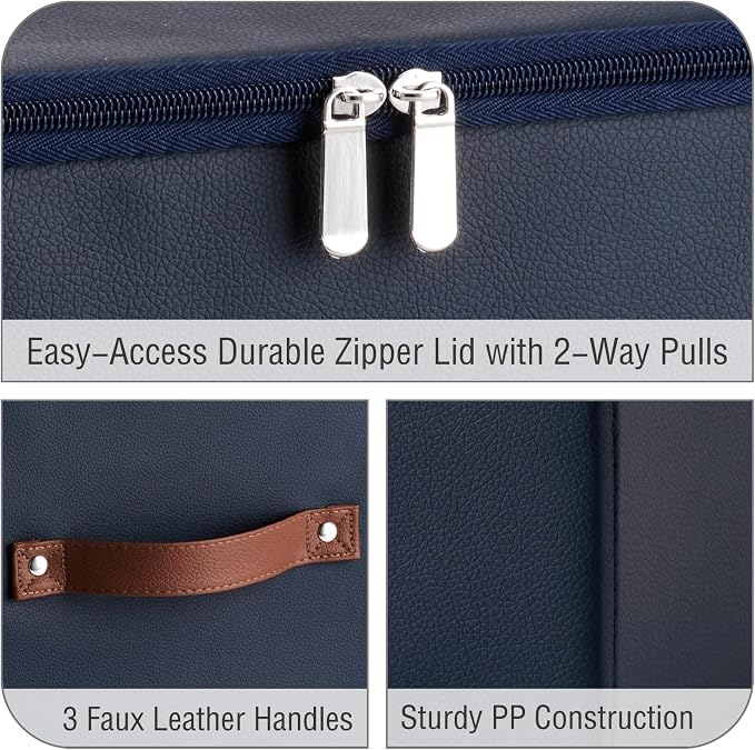 2PCS Storage Bins with Zippered Lid Decorative PU Leather Boxes | Foldable Washable Stackable Basket Container, Shelf Closet Organizer, with Handles & PP Plastic Boards, Deep Blue-Small