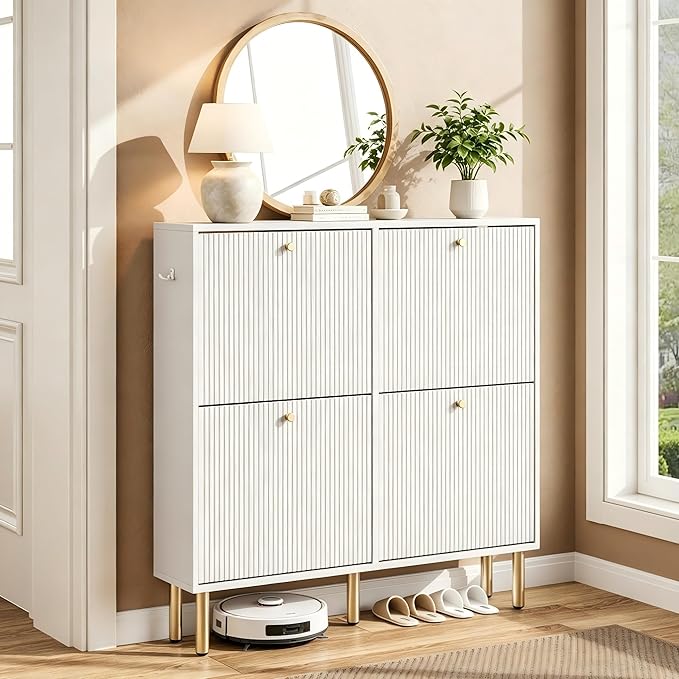 Nicetree White Shoe Cabinet for Entryway, 4 Flip Drawers Shoe Storage Cabinet with Tiered Fluted Design, Slim Narrow Shoe Rack for Small Spaces, 9.5" Deep Shoe Organizer with Metal Legs