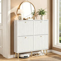 Nicetree White Shoe Cabinet for Entryway, 4 Flip Drawers Shoe Storage Cabinet with Tiered Fluted Design, Slim Narrow Shoe Rack for Small Spaces, 9.5" Deep Shoe Organizer with Metal Legs