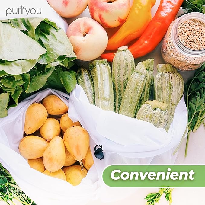 purifyou Set of 10 Reusable Produce Bags - Large (12x14), Farmers Market Bags, Washable Shopping Bags, Gift Bags, Storage for Fruits, Vegetables, Toys, Groceries, Kitchen and Home Organizer