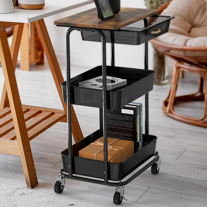 Simple Houseware 3-Tier Utility Cart with Drawer & Wood Top, Rustic Brown | Mobile Sofa Side Table, Nightstand, Slim Storage Organizer Trolley for Bedroom, Bathroom, Office & Art Supplies