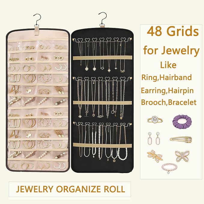 Hanging Jewelry Organizer, 1Pcs Large Double-Sided Jewelry Storage Roll with 48 Pockets and 21 Hooks for Necklaces Earrings Rings, Over the Door Jewelry Organizer with Hanger for Closet Wall