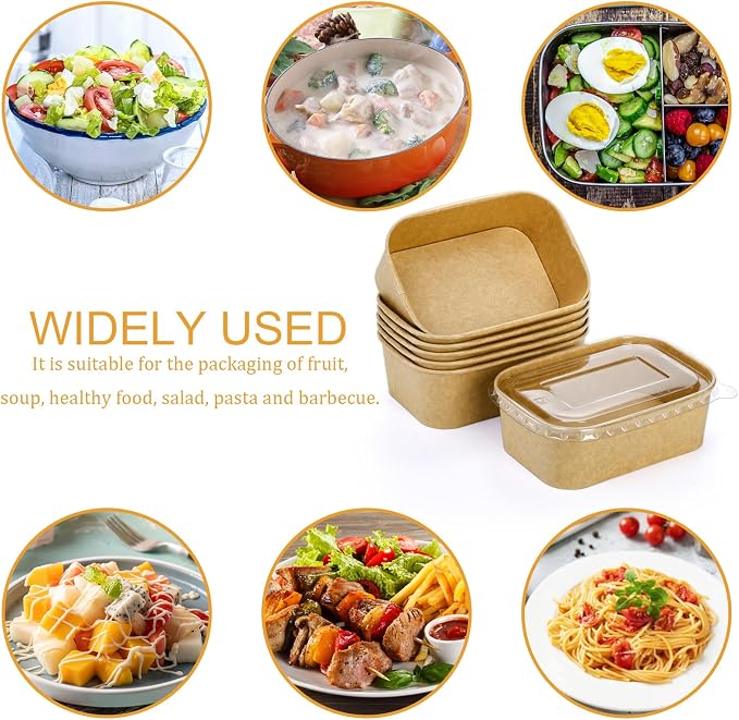 Yesland 50 Pack Compostable Rectangular Kraft Paper Bowls, 25 Oz, Microwave & Freezer Safe, Reusable, Perfect for Take-Out, Office Lunch, Picnic, 6.75 x 4.75 x 2.5 inches