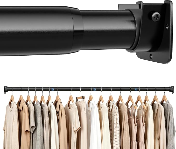 STARLATTA Heavy Duty Black Closet Rod: 17-84 Inch Stepless Adjustable Clothes Hanging Bar, 1.3" Diameter Metal Wardrobe Pole with Brackets, No-Cut, for Laundry & RV