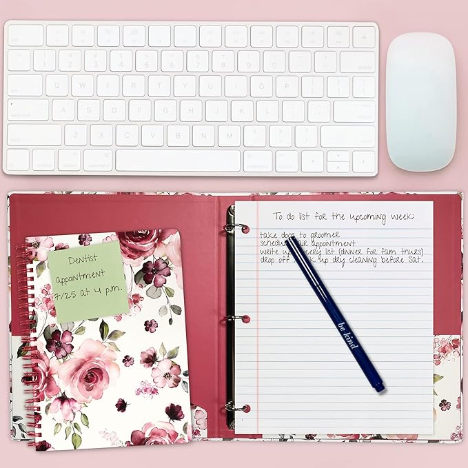 Steel Mill & Co Cute Mini Spiral Notebook, 8.25" x 6.25" Journal with Durable Hardcover and 160 Lined Pages, Rose Floral