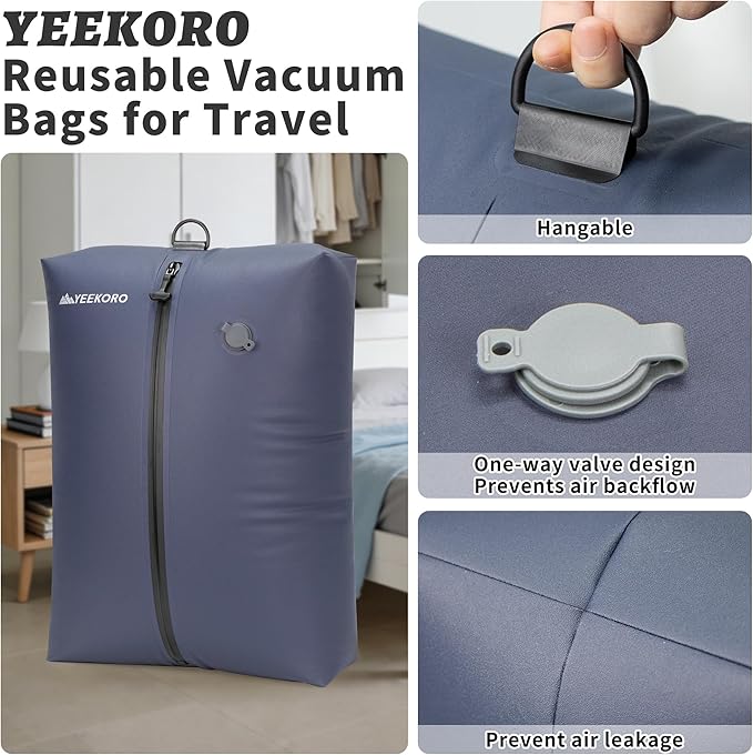 Vacuum Bag for Travel, Professional IPX8 Waterproof Reusable Vacuum Compression Bags for Travel Suitcases, Upgraded Durable Space Saver Bag(3 PACK Navy Blue,with pump)