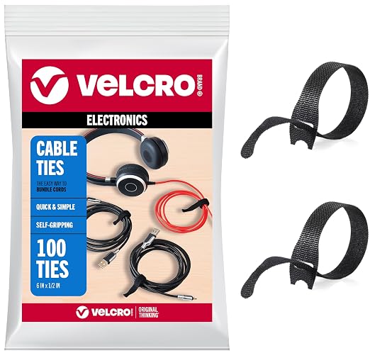 VELCRO Brand Reusable Cable Ties, 100 Pack 6 Inch, Cord & Cable Management Straps for Electronics, Desk, Home Office & Workstations, Black