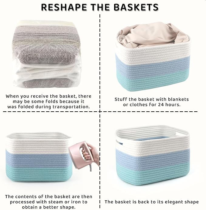 4 Pack Storage Baskets for Organizing, 11''Lx9''Wx8''H Woven Baskets for Storage Toys, Towels, Books, and Clothes, Cotton Rope Basket for Shelves with Handle White & Brown