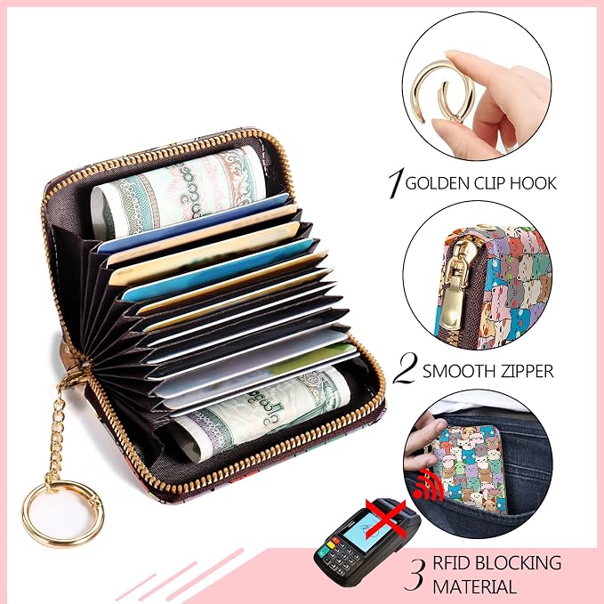 Blusabaca RFID Credit Card Holder Small Women Travel Wallet, Cute Cats | Removable Keychain, Case with Zipper, Vegan PU Leather, Cash Coin Pocket, Business Accordion Purse, Ladies Female Gift