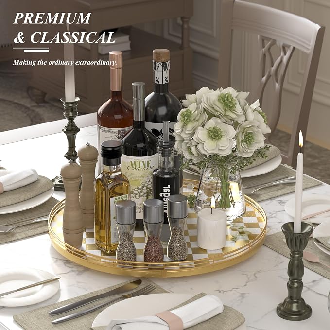 Premium Rubber Wood Lazy Susan Turntable, Glod White Checkerboard Decorative Serving Tray, Hand-Welded Metal Railing, Stable Rotating Organizer for Dining Table, Kitchen Counter, Coffee Table Decor