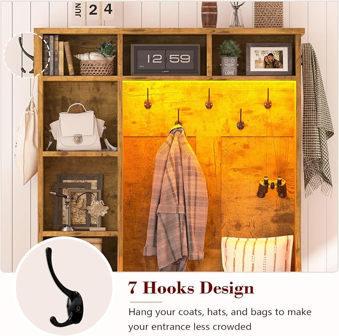 CSZZD Hall Tree with Bench and Shoe Storage, Farmhouse Entryway Bench with Coat Racks and Led Lights, Tall Hall Tree with 7 Coat Hooks, 6 Storage Cubbies, Adjustable Shelf, Rustic