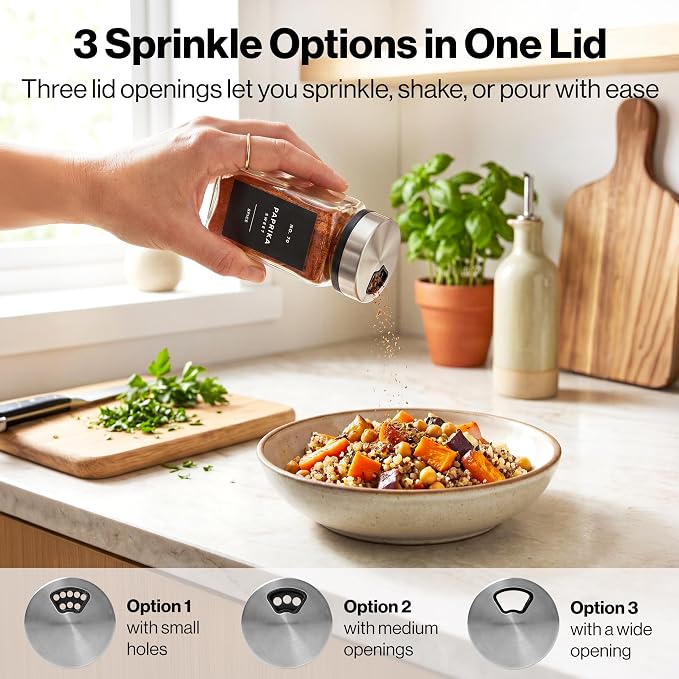EDELHAUS Glass Spice Jars with Label and Silver Sprinkle Lids (24 x 4oz) | Airtight Lids keep spices fresh, Kitchen Spice Drawer Organizer, 4oz Seasoning Containers incl. Funnel, Brush & 240 Labels