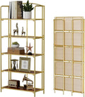 Crofy 5-Tier Wider Foldable Bookshelf, Gold Frame & Walnut Shelves | Collapsible Portable Storage Organizer; Sturdy Walnut Finish Shelves; Ideal for Living Room & Home Office