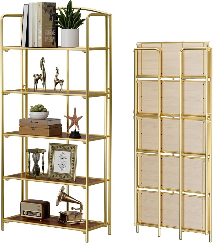 Crofy 5-Tier Wider Foldable Bookshelf, Gold Frame & Walnut Shelves | Collapsible Portable Storage Organizer; Sturdy Walnut Finish Shelves; Ideal for Living Room & Home Office