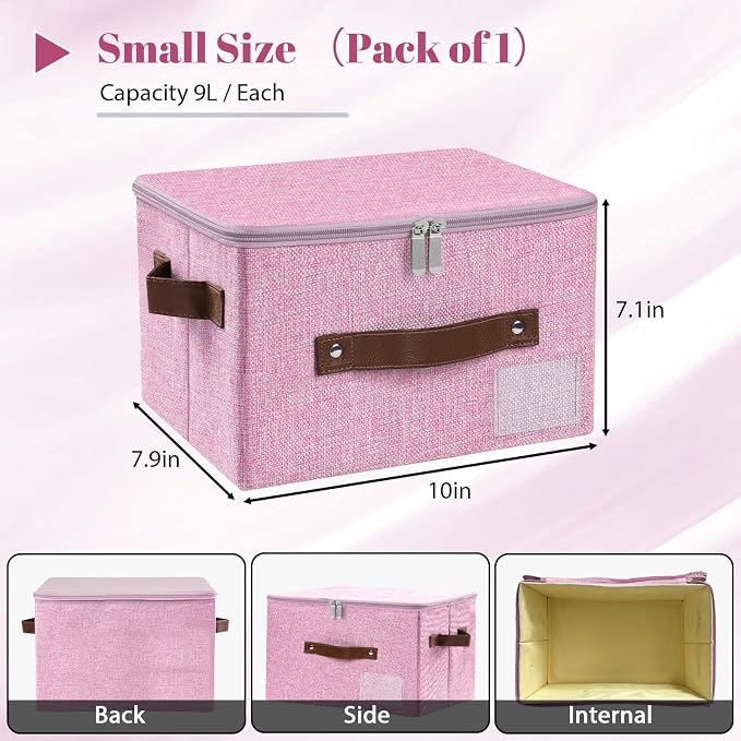 ANMINY Small Fabric Storage Box Bins with Zipper Lid, Washable Pink | Cotton Linen Fabric, PP Board Frame, Label Holder, Stackable & Foldable, PU Handles, Dual-Zipper 3-Side Open Lid