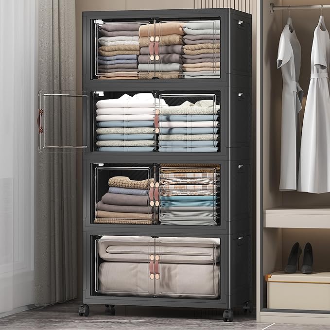 UAMFURI Stackable Storage Bins with Lids, Extra Large Plastic Organizer Cabinet Drawers, 896QT Collapsible Closet Containers with Doors and Wheels,For Bedroom, Kitchen, Office, Garage,(8Pack Cube)