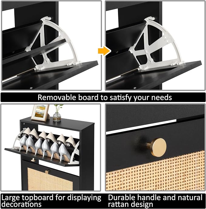 Finnhomy 3 Tier Shoe Cabinet with Natural Rattan Flip Drawers for Entryway, Free Standing Slim Shoe Storage Organizer with Large Top Board, Shoe Cabinet with Adjustable Width Drawers, Black