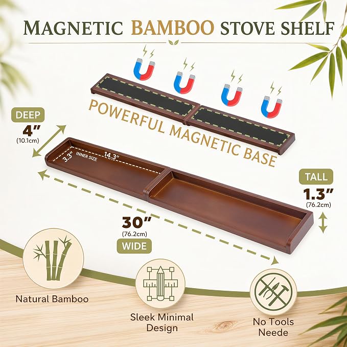 Magnetic Stove Top Shelf 30 Inch – Walnut Finish Over the Stove Shelf for Flat Top Stoves, Bamboo Wooden Stove Shelf, Strong Magnetic Spice Rack Organizer, No Drilling
