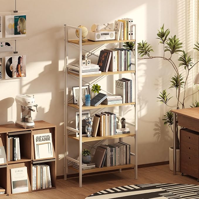 Homeiju Folding Bookshelf,5 Tier Bookcase Foldable Shelf with X-Bracket Design, Adjustable Feet, Space Saving Storage for Living Room, Office, Light Coffee