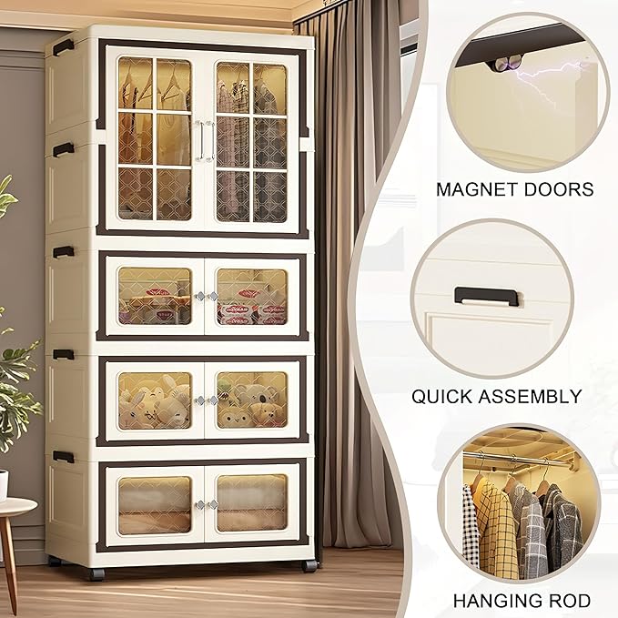 SunSettler Storage Cabinets with Lids, Stackable Storage with Wheels, Collapsible Storage with Doors, Home Office Dorm Organizer Essential