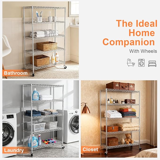 5 Tier Shelving Unit,30" Wx14 Dx62 H,Wire Shelving with Lockable Wheels,Metal Shelf Rack,Height Adjustable Wire Rack Storage Shelving Stand for Kitchen,PantryGarage,Office,Laundry,Living Room