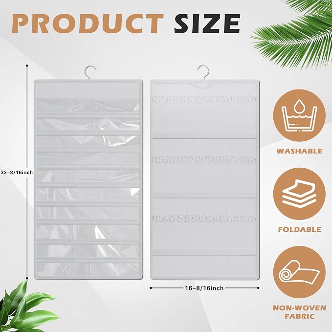 Hanging Jewelry Organizer, Double-Sided Necklaces Holder, White | 42 clear pockets organize rings & earrings; 36 wire necklace hooks reduce tangles; top hook hangs in closets, walls or doors.