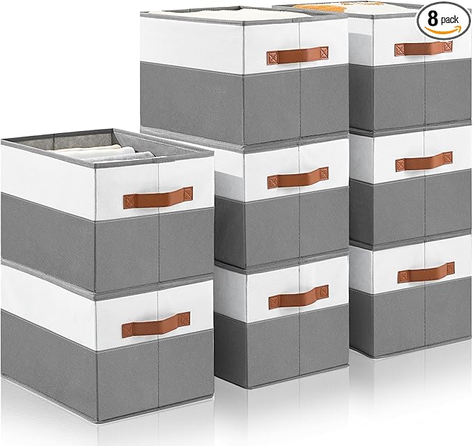 8 Pack Large Storage Bins with Handle,Collapsible Storage Basket for Shelves,Fabric Closet Organizer for Organizing Clothes Blanket,Decorative Dorm Organizers and Storage