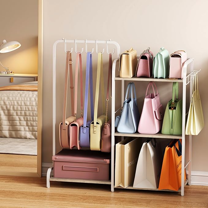 Purse Organizer for Closet, Large Capacity Purse Rack with 2 Purse Hangers and 5 Purse Hooks for Bag Organizer, Freestanding 3-Tier Handbag Organizer for Purse Storage, Ironwood Purse Holder, White