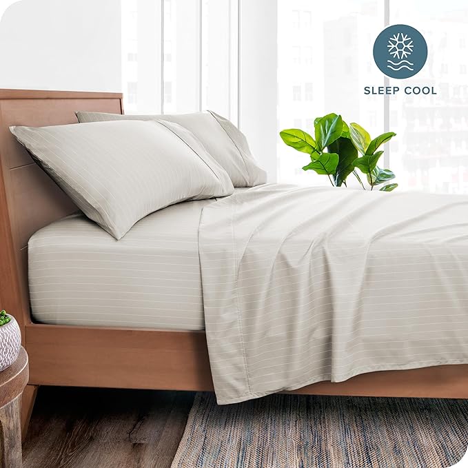 Bare Home Twin XL Sheet Set - College Dorm Size - Luxury 1800 Ultra- Soft Double Brushed Microfiber - Deep Pockets - Easy Fit - 3 Piece Bedding Sheet Set (Twin XL, Pinstripe - Stone/White)