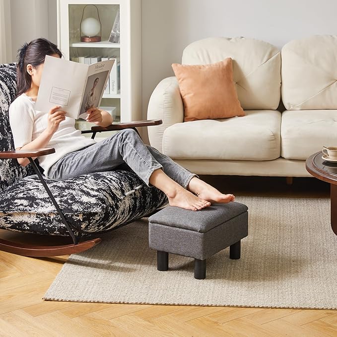 Aibiju Linen Small Ottoman Foot Rest, Foot Stools with Storage Small, Upholstered Rectangle Wood Ottoman with Safety Hinge Flip Top, Bed Stool for Bedroom Dorm Light Gray YD-JD1364