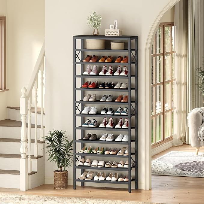 YATINEY 12-Tier Tall Shoe Rack Organizer, Wooden Shoe Storage for Closet Holds 48 Pairs, Sturdy Shoe Shelf with X-Shaped Metal Support, for Entryway, Bedroom, Black SS212BB