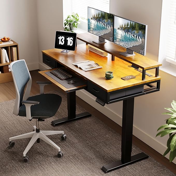 AODK 55 Inch Standing Desk with Drawers & Keyboard Tray, Rustic Brown | 3 Outlets & 2 USB Ports, 20-Mode LED Lights, Monitor Stand, Cable Management Tray, 3 Memory Heights, 29.9"-46.1" in Range