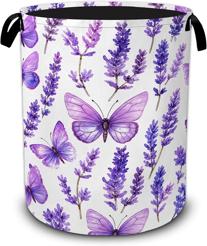 Lavender Laundry Basket with Handles,Purple Butterfly Foldable Oxford Laundry Hamper,Collapsible Clothes Storage Basket for Laundry Room/Bathroom/Bedroom/Dormitories 20.8 x 16 Inches