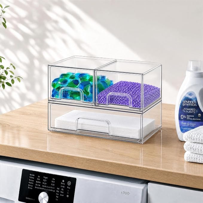 TIPGO Clear Stackable Storage Drawers, Acrylic Bathroom Makeup Organizer, Plastic Bins for Art Tool & Sketch, Durable Containers for Countertop, Cabinet, Vanity, Medicine Organization