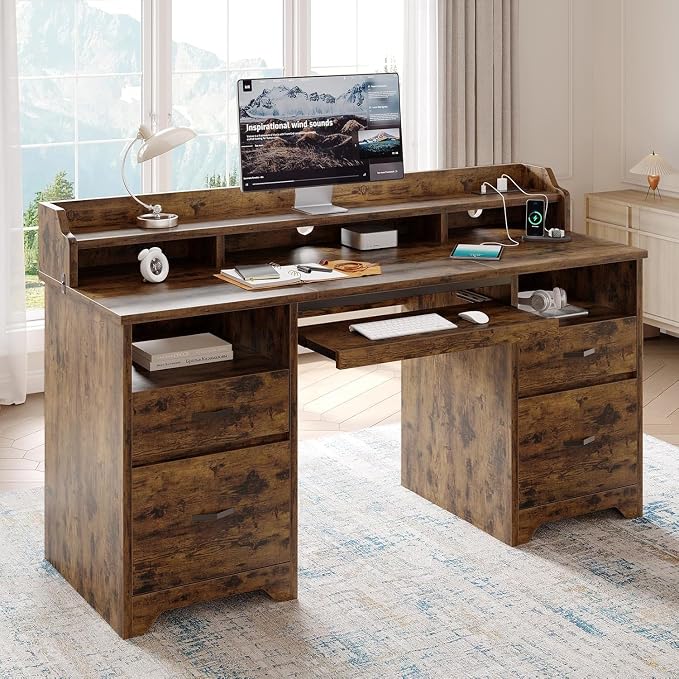 Bestier 59" Executive Desk with Charging Station & Monitor Stand, Brown | Farmhouse Wood Computer Desk with Drawers, Home Office Desk with Keyboard Tray, Sturdy Pedestal Desk for Work Study