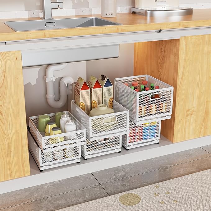 Pull Out Cabinet Organizer, Slide Out Drawers Fixed with Adhesive Nano Film, Pantry Shelves Sliding Drawer Storage Organization for Kitchen (Double Layer 19.7 * 13.8 * 12.6inch/50 * 35 * 32cm)