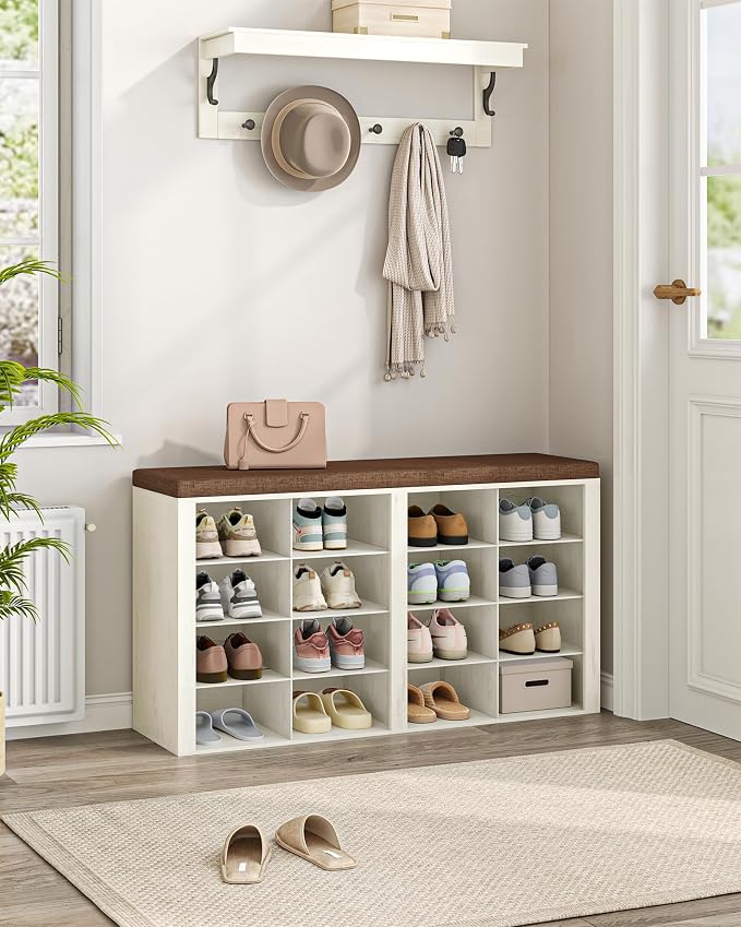 Hzuaneri Shoe Storage Bench, Entryway Shoe Rack with Cushion and Cubbies | entryway shoe rack bench cabinet with 16 cubbies and adjustable shelves for bedroom, living room, Rustic White SB25614KA