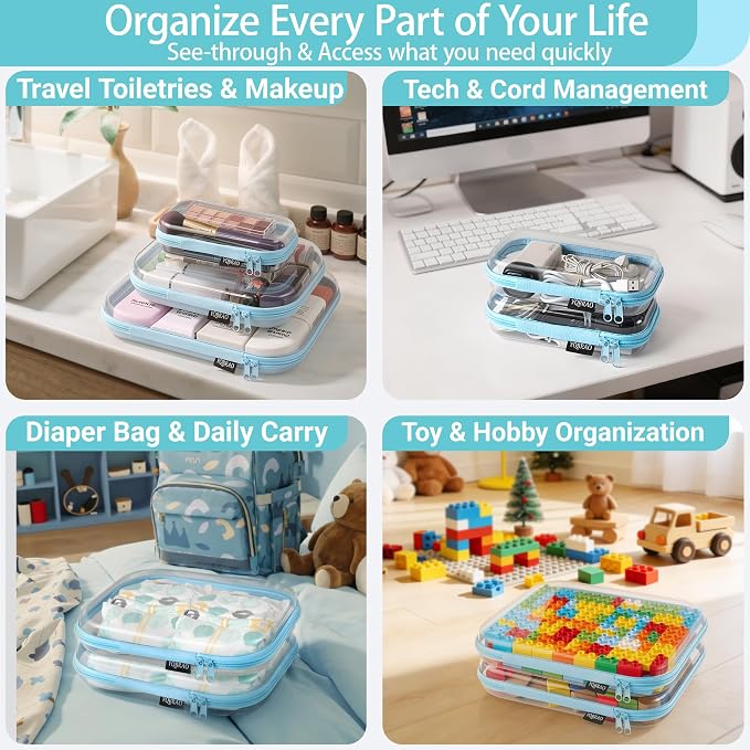 YQBRAO Clear Hard Shell Organizer Cases, 3-Pack, Blue | Rigid 1.2 mm clear PET organizers with multi-size design for travel, cables, and everyday essentials