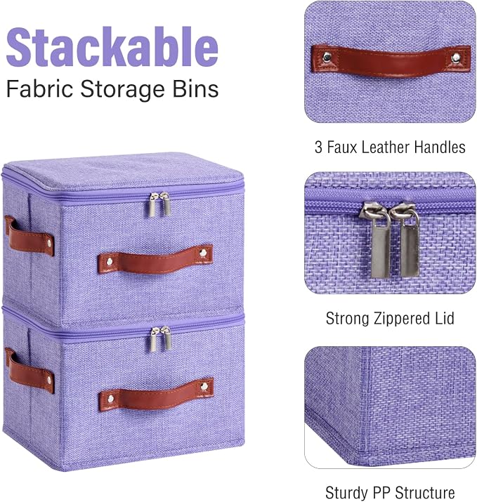 3PCS Storage Bins Boxes with Zippered Lids Cotton Linen Fabric Decorative Basket PU Leather Handles PP Plastic Board Foldable Lidded Clothing Shelf Closet Organizer Container (Purple, Small)