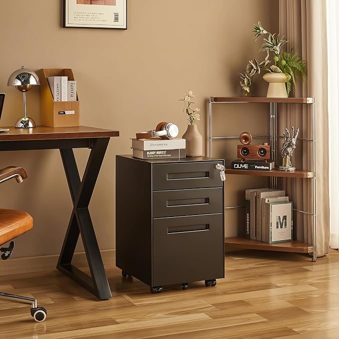 Approgreent Fully Assembled Home Office Filing Cabinet with Lock | Mobile File Cabinet with Anti-tipping Wheels, Fits A4, Letter & Legal Size Files & Folders, Matte Black