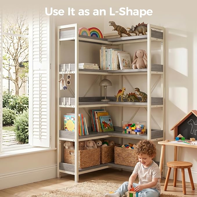GTPLAYER 5-Tier Corner Bookshelf, L-Shaped Metal Frame Shelf with Tall 14" Shelves, Plant Stand and Storage Rack for Small Spaces, Living Room and Home Office, Grey