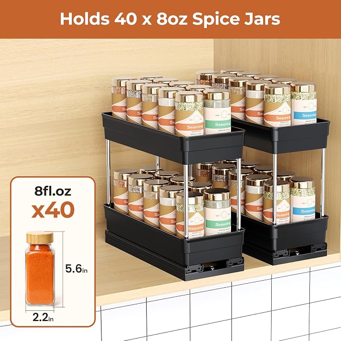 Mystozer Pull Out Spice Rack Organizer for Cabinet, 2 Pack 2-Tier, Black | Smooth Dual-Rail Sliding, No-Drill Installation, 8.26"W x 10.62"D x 8.66"H, Fits Framed Cabinets and Saves Kitchen Space