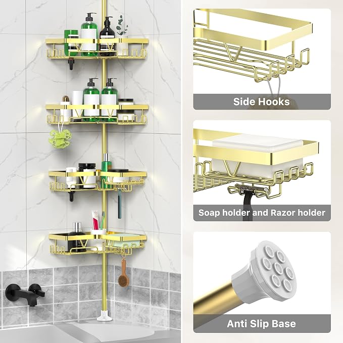 DAOYA Shower Caddy Tension Pole - Gold Corner Shower Caddy Stainless Steel Bathroom Shower Organizer for Tub Tension Rod Corner Shower Shelves(25-114inch)