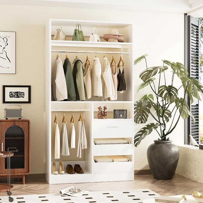 36 Inches Modular Closet Drawers System with Long Hanging Rods, 3FT Wood Closet Organiser with 3 Drawers, Walk-in Freestanding Wardrobe Storage Cabinet with 4 Shelves, White (36"L x 15" W x 80" H)
