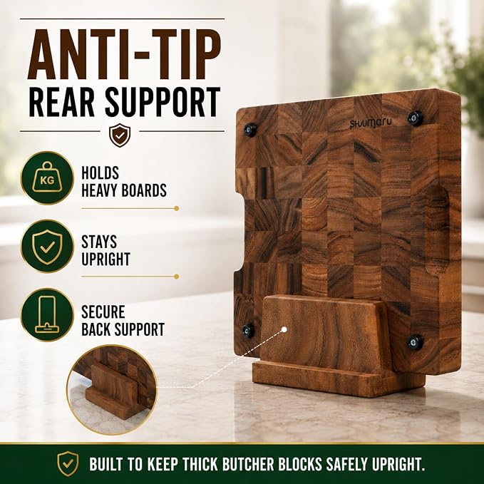 SHUMARU Cutting Board Holder for Countertop - Solid Hardwood Stand for Premium Butcher Blocks - Fits One 2" Thick or Two 1" Cutting Boards - Heavy-Duty Kitchen Organizer with Anti-Tip Rear Support